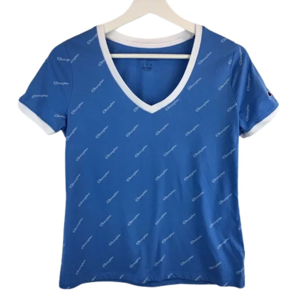 Champion Blue & White Fitted T-shirt, Women Size S, V-Neck, Short Sleeve